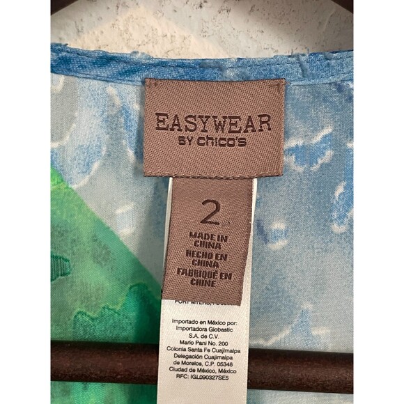Chico’s Easywear Sheer Tie Front Blouse Size 2 (L) Blue Bold Abstract Artsy - Picture 7 of 7